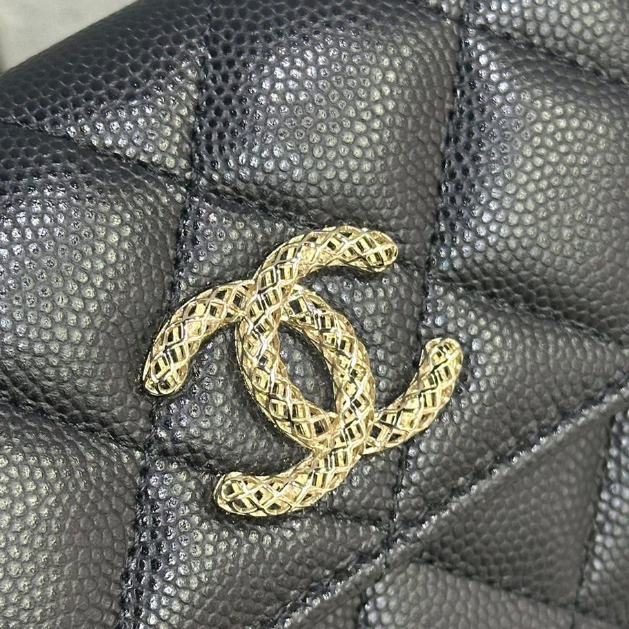 Chanel XL Card Holder 23A in Black Close Up CC Logo View