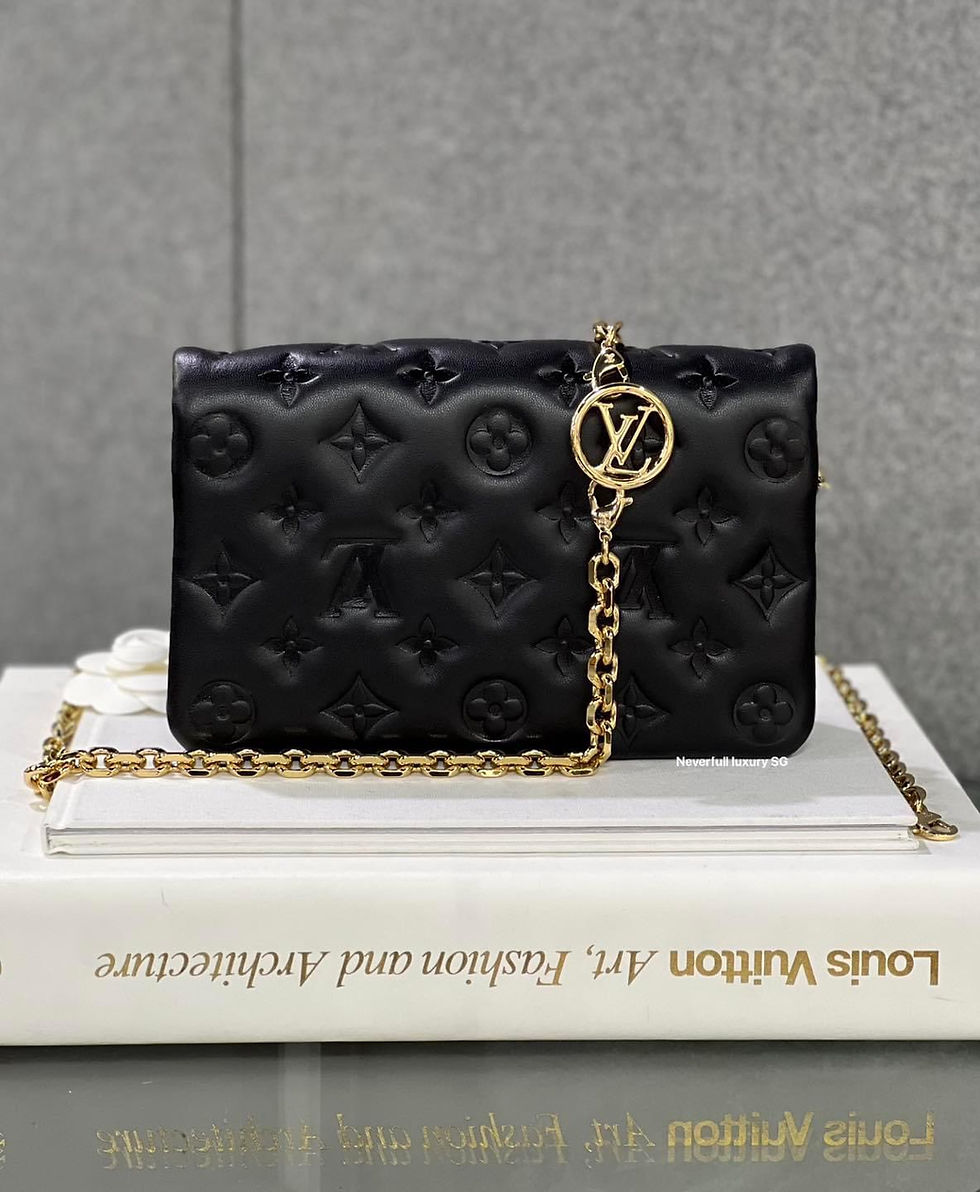 Black Louis Vuitton embossed leather bag with gold chain