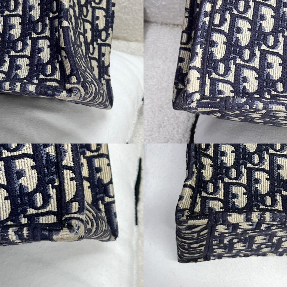 Dior bag detail shots showing navy blue and beige monogram fabric