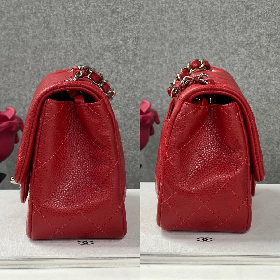 Red Chanel handbag, side views