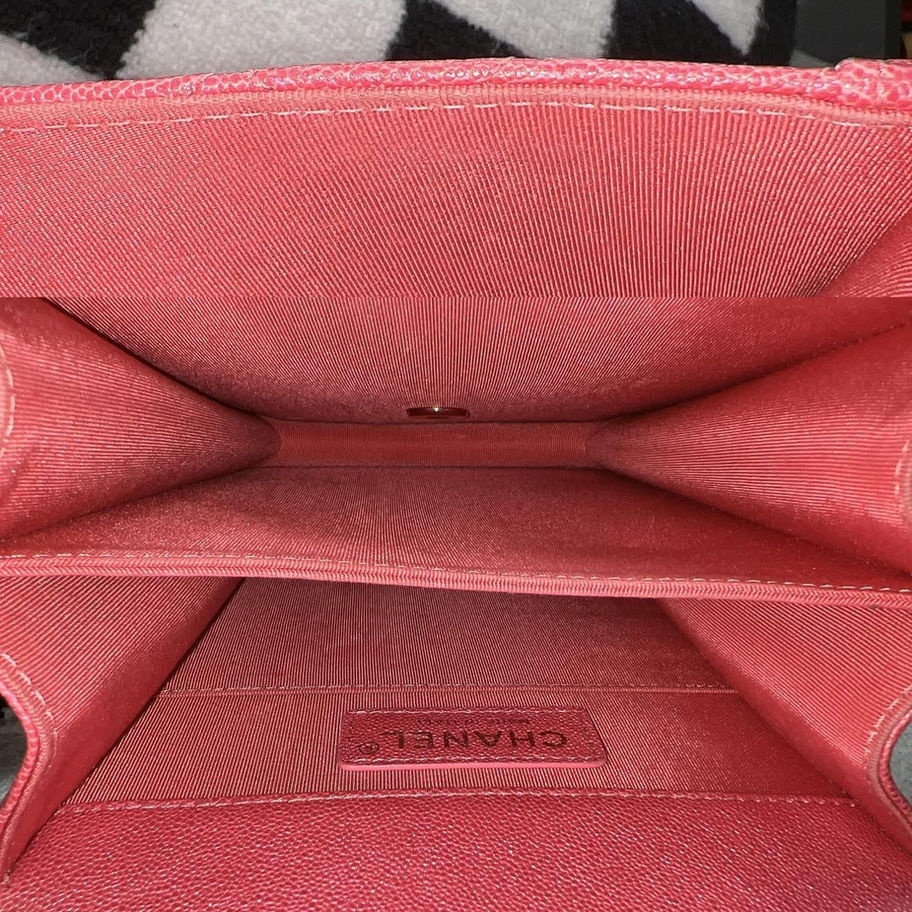 Chanel Boy Vertical 19S in Pink Iridescent Interior View