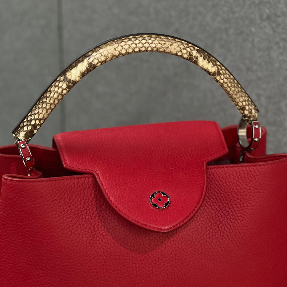Louis Vuitton Capucines MM with Python Handle in Red Flap Close Up View