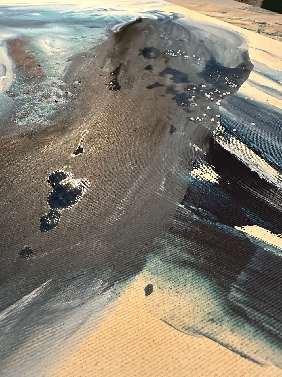 Thumbnail: Kunst Nahaufnahme: Pinselstriche und Texturen des Gemäldes in Blau, Beige und Schwarz.