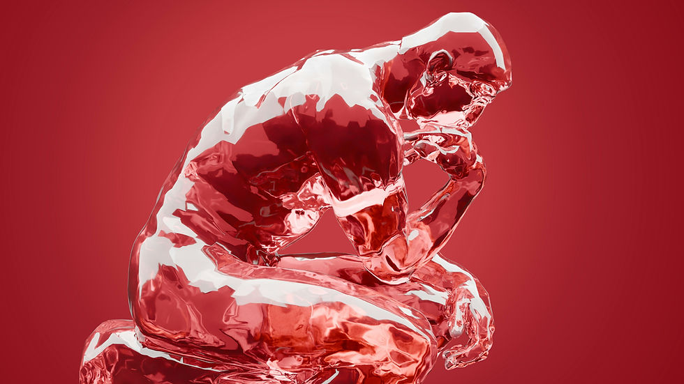 Red glass sculpture of a seated figure in a thinking pose, head resting on hand