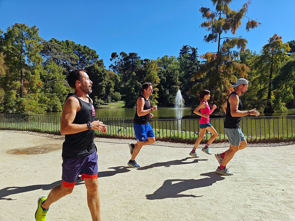 Corredores en un running tour por un parque de Madrid.