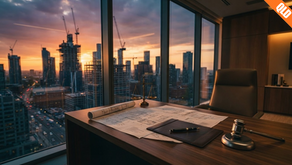 Cinematic sunset over a city skyline with a balance scale and gavel on a desk, illustrating developer sunset clause and certification liability caps.