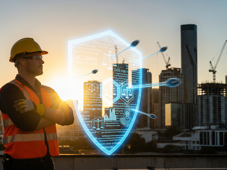 Construction worker in safety gear with holographic legal protection shield overlay against city skyline with building cranes at sunset
