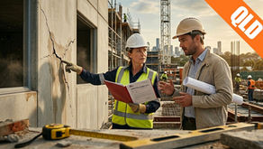 "QBCC inspector issuing a Direction to Rectify to a builder over a cracked concrete wall at a Queensland construction site"