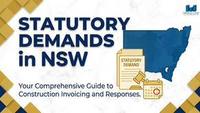 A cover image with the title "STATUTORY DEMANDS in NSW" in large blue letters. Below it, a subtitle reads "Your Comprehensive Guide to Construction Invoicing and Responses." The background is white marble with gold and blue geometric corner accents. On the right is a blue map of New South Wales, next to gold icons of a document labeled "STATUTORY DEMAND", a gavel, and a calendar with a date circled in red. The blue Merlo Law logo is in the top right corner.