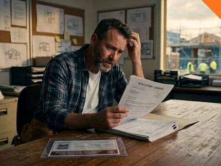 A stressed construction manager in a plaid shirt is seated at a cluttered desk, intently reading a legal document titled 'STATUTORY DEMAND' with a troubled expression. He has one hand covering his face in frustration. The background includes blueprints, a hard hat, and a window view of an active construction site with workers and scaffolding.