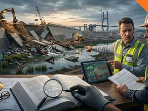 Two construction workers in high-visibility vests and hard hats discuss a failed infrastructure project at a Queensland construction site, with a collapsed concrete structure and excavators visible in the background near a bridge. In the foreground, a desk displays engineering blueprints, a hard hat, safety glasses, an open technical manual with a magnifying glass, and a tablet showing analytical charts with red error marks, suggesting a site investigation or failure analysis." For a shorter version: "Two QLD construction workers in safety gear discussing a collapsed structure at a building site, with engineering documents, blueprints, and a tablet displaying error reports in the foreground.