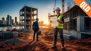 A comprehensive view of a major Queensland construction site at sunset, featuring a female building contractor holding a Bank Guarantee document and a businessman looking out over the Brisbane city skyline.