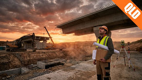 A construction surveyor with a hard hat and blueprints stands on an active civil engineering site in Queensland, gazing up at a massive, uncompleted concrete highway bridge under a dramatic sunset sky. The scene includes surveying equipment and heavy machinery in the background.
