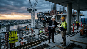 Two construction professionals reviewing architectural plans on an upper floor of a high-rise building under construction in Brisbane, with a tower crane, concrete formwork, steel reinforcement and the Brisbane River visible in the background at dusk.