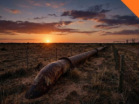 Rusty oil or gas pipeline in the Queensland outback at sunset, highlighting aging infrastructure in remote regional Australia, with cracked dry soil and golden sky in the background.