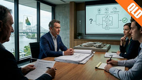 A group of four professionals in business attire sit around a conference table in a Brisbane, Australia office with views of the Story Bridge and Brisbane River through floor-to-ceiling windows. They are reviewing architectural blueprints and a document titled "Value Engineering Interrogatories," with an architectural building model on the table. A projection screen displays a flowchart showing Cost, Utility, and Performance evaluation criteria. A "QLD" label appears in the upper right corner, and a small map inset identifies the location as Brisbane, Australia.