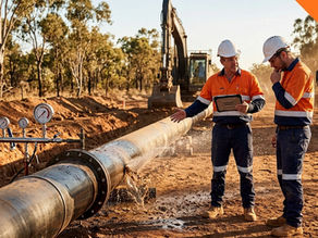 A photograph from a Queensland (QLD) construction site. Two workers in high-visibility uniforms, hard hats, and safety gear inspect a major water leak spraying from a large pipeline. One worker holds a rugged tablet and gestures towards the fault, while the other looks on. A manifold of pressure gauges is connected to the pipe. In the dusty background with gum trees, an excavator and a service truck are visible. The top-right corner contains a prominent orange banner with "QLD" in large, white text.