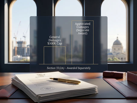 Professional photograph of a mahogany desk in a modern law office with arched windows overlooking Brisbane cityscape. In foreground, official legal documents with Queensland government seal and gold fountain pen rest on burgundy leather desk mat. Transparent overlay displays bar chart comparing two columns: shorter column labeled "General Damages $500K Cap" and taller column labeled "Aggravated Damages (Separate Award)" with text "Section 35(2A) - Awarded Separately" beneath. Construction cranes and courthouse dome visible through windows in background.