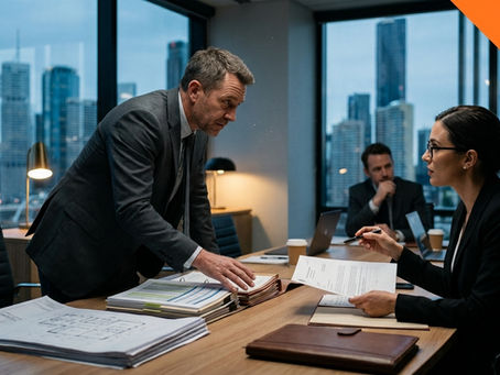 Business professionals reviewing legal documents and building plans during a tense meeting in a Brisbane QLD high-rise office overlooking the city skyline