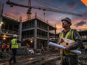 A close-up photograph of a construction worker with a dirty face, safety glasses, a yellow high-visibility vest, and a worn brown hard hat, looking up at a dramatic sunset sky. He is holding rolled blueprints and a brown envelope with a distinct red wax seal, which clearly displays the text 'CALORBANK OFFER'. The background shows a multi-story concrete frame building, scaffolding, another worker in the distance, and a large yellow construction crane. In the top-right corner, there is an orange banner with the text 'QLD'.