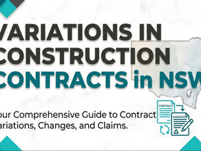A promotional and informative graphic banner with the Merlo Law logo in the top-right corner, titled 'VARIATIONS IN CONSTRUCTION CONTRACTS in NSW.' in large, bold dark charcoal and turquoise font. The subtitle reads 'Your Comprehensive Guide to Contract Variations, Changes, and Claims.' in smaller dark lettering at the bottom-left. The background has a subtle white marble texture with geometric diamond patterns in turquoise, deep teal, and dark grey in the top-left, bottom-left, and bottom-right corners. An overlay map of New South Wales (NSW) is faded in the background on the right. In the bottom-right corner is a turquoise line-art icon showing a 'CONTRACT' document connected by arrows and a pencil/delta symbol to a 'VARIATION' document.