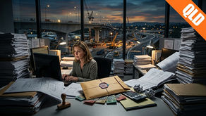 Female construction project administrator working late at a cluttered office desk surrounded by stacks of paperwork, building blueprints, Australian cash, calculator, and a wax-sealed envelope, with a Queensland (QLD) highway infrastructure construction site and cranes visible through the window at dusk.