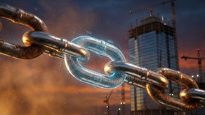 Close-up of a heavy-duty steel chain with a glowing digital blueprint link, set against a high-rise construction site at dusk, symbolizing Queensland's Chain of Responsibility laws and supply chain compliance.