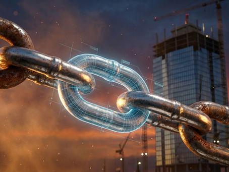 Close-up of a heavy-duty steel chain with a glowing digital blueprint link, set against a high-rise construction site at dusk, symbolizing Queensland's Chain of Responsibility laws and supply chain compliance.