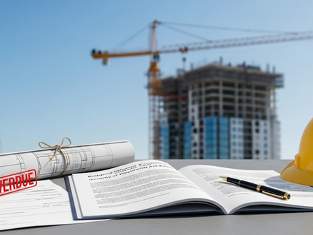 A legal document representing the BIF Act provides a solution to an overdue construction invoice, shown alongside a yellow hard hat and blueprints on a desk at a Queensland building site.