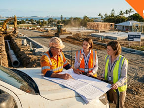 Three construction professionals in safety gear—a foreman and two site managers—review civil engineering blueprints spread on a truck hood. The background reveals an active residential and civil development site in Queensland (indicated by a 'QLD' banner), featuring heavy machinery, installed drainage infrastructure, and partially built timber-frame houses. Signage for 'Phase 1 - Civil' and 'Phase 2 - Residential' are visible under a clear sky.