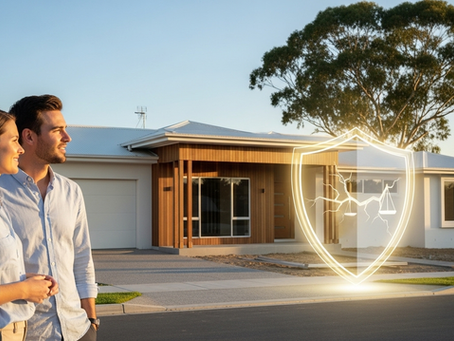A confident couple looks at their new home, which is protected from building defects by a symbolic golden shield representing QLD home warranty insurance