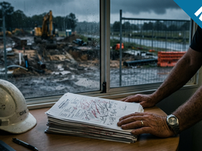 A construction site manager with a watch reviews annotated technical drawings on a desk next to a 'CIVIL' hard hat, with a muddy, rainy job site and excavator visible through a window.