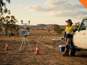 Female environmental field technician in high-visibility workwear and akubra hat standing beside a white 4WD Land Cruiser next to a portable solar-powered weather monitoring station in rural Queensland, Australia