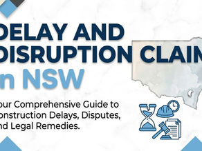 The image is a title slide with a white marble background. At the top, large dark blue and light blue text reads "DELAY AND DISRUPTION CLAIMS in NSW". Below it, smaller text says "Your Comprehensive Guide to Construction Delays, Disputes, and Legal Remedies." On the right side, there is a map of New South Wales, Australia. Below the map are icons of a broken hourglass, a hard hat with a clock, and a gavel resting on documents. In the top right corner is the logo for "MERLO LAW LAW IN CONSTRUCTION". The corner graphics are blue, grey, and cream squares.