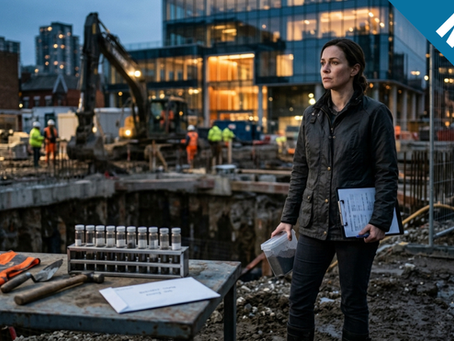 A cinematic editorial photograph shows an environmental consultant, a woman in a dark tailored jacket, standing beside an active urban construction site at dusk. She holds a soil sample container and a clipboard. In the foreground on a table are lab vials, tools, a folded orange high-visibility vest, and an invoice. The background includes an excavator, workers, fencing, and a glass building, all partially blurred with warm lights and long shadows on muddy ground. The image has a business-journal aesthetic and shallow depth of field.
