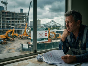 A worried construction worker sits by a window holding paperwork, looking out over a large construction site with cranes, excavators, and a bridge under a cloudy sky.