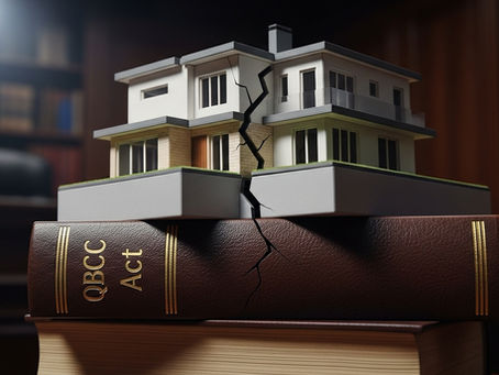 A miniature house with a cracked foundation sits precariously on a tilting stack of law books, including one titled 'QBCC Act'.