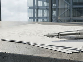 A close-up, hyper-realistic photo of a silver fountain pen resting on architectural blueprints placed on a polished concrete surface, symbolizing the intersection of construction and legal contracts.