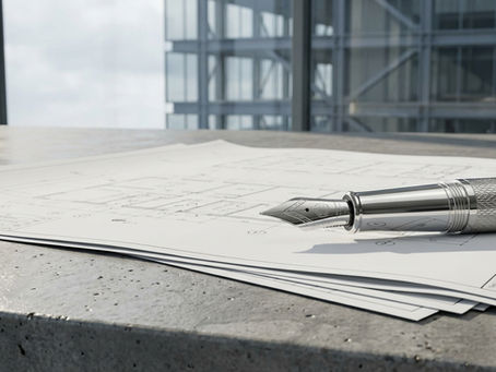 A close-up, hyper-realistic photo of a silver fountain pen resting on architectural blueprints placed on a polished concrete surface, symbolizing the intersection of construction and legal contracts.