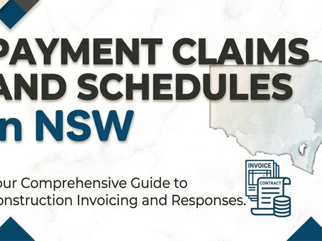 A white marble background presentation slide with dark blue, grey, and beige geometric shapes in the corners. In the top right corner is the "MERLO LAW LAW IN CONSTRUCTION" logo. Large, bold, dark blue and grey text across the center reads "PAYMENT CLAIMS AND SCHEDULES in NSW". Below this, smaller text says "Your Comprehensive Guide to Construction Invoicing and Responses." To the right of the text is a light blue outline map of New South Wales, Australia. Below the map and next to the subtitle is a blue line icon showing an "INVOICE" document, a "CONTRACT" document, and a stack of coins.