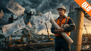 A dramatic, cinematic photo of a serious construction supervisor in Queensland (QLD) in a hard hat and safety vest, holding blueprints, standing amidst flying architectural drawings and a stormy sky, with massive concrete bridge pylons in the background.