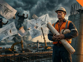A dramatic, cinematic photo of a serious construction supervisor in Queensland (QLD) in a hard hat and safety vest, holding blueprints, standing amidst flying architectural drawings and a stormy sky, with massive concrete bridge pylons in the background.