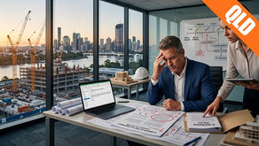 Stressed construction project manager reviewing an Extension of Time (EOT) claim assessment with a colleague in a Brisbane office overlooking a QLD construction site, with PI insurance policy documents, blueprints, and delay event timeline diagrams on a whiteboard