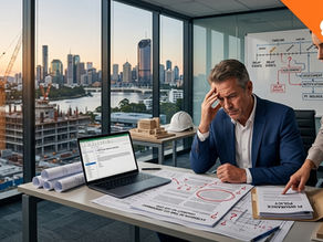 Stressed construction project manager reviewing an Extension of Time (EOT) claim assessment with a colleague in a Brisbane office overlooking a QLD construction site, with PI insurance policy documents, blueprints, and delay event timeline diagrams on a whiteboard