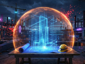 A futuristic digital illustration showing a glowing, orange holographic dome rising from a wooden workbench in the middle of a dark construction site. Inside the dome, a complex blue wireframe blueprint of a modern skyscraper is being projected. On the workbench, a real rolled-up physical blueprint sits on the left, and a yellow hard hat rests on the right. The background is a dimly lit, active construction zone with steel beams, cranes, and scattered red digital artifacts floating in the air, suggesting a blend of physical building and augmented reality technology.