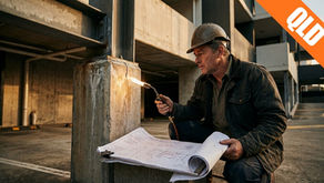 A construction professional wearing a hard hat uses a torch to closely inspect a vertical structural crack on a concrete support column in a multi-story parking garage, holding a large set of blueprints.