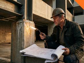 A construction professional wearing a hard hat uses a torch to closely inspect a vertical structural crack on a concrete support column in a multi-story parking garage, holding a large set of blueprints.