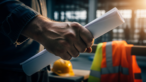 A close-up, atmospheric shot of a construction worker's hand firmly grasping a set of rolled-up blueprints on a construction site at either dawn or dusk. A yellow hard hat and an orange safety vest are blurred in the background, with a warm sun flare illuminating the scene from the right.