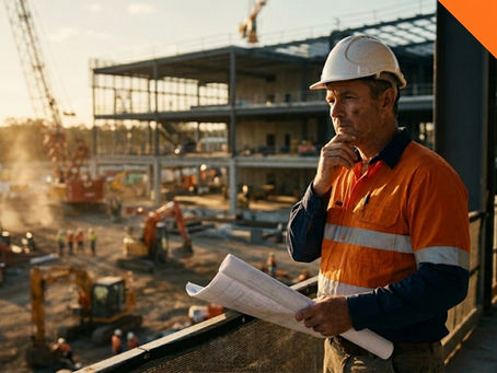 A thoughtful construction site manager in an orange high-vis shirt and white hard hat holding blueprints, overlooking a bustling multi-story steel-frame building development site at golden hour with active cranes and excavators. A distinct Queensland (QLD) corner banner is in the top-right corner.
