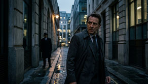 In a dimly lit urban alley after rain, a man wearing a gray coat and suit looks anxiously over his shoulder in the foreground, with a second man in dark clothing standing farther back along the wet cobblestone street.